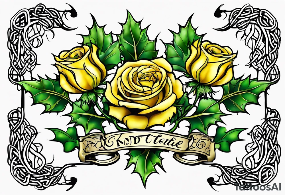 Scottish thistle, yellow rose and shamrock with stems intertwined spelling KND in celtic lettering tattoo idea