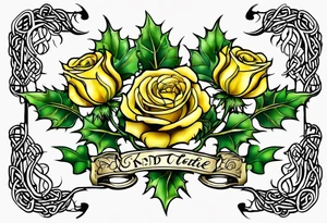 Scottish thistle, yellow rose and shamrock with stems intertwined spelling KND in celtic lettering tattoo idea