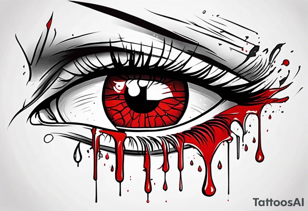 Bleeding tear draining to down from one red symmetrical
eye tattoo design model tattoo idea
