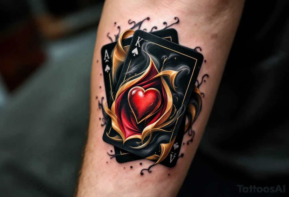 A playing cards tattoo showing the ace of spades, queen of hearts, and king of clubs fanned out in rich black, deep red, and golden-yellow ink, with realistic card textures, subtle shadowing, and faint smoky wisps curling around the edges for a dramatic, high-stakes vibe. tattoo idea