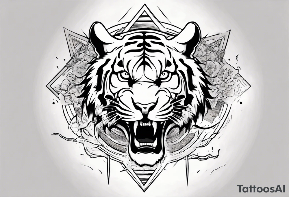 Ancient tiger with lightning and a sun for a forearm sleeve. With patterns surrounding it tattoo idea