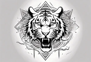 Ancient tiger with lightning and a sun for a forearm sleeve. With patterns surrounding it tattoo idea