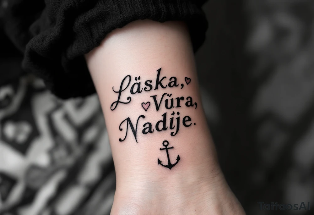 Bold typewriter-style "Láska, Víra, Naděje" in deep charcoal, with a faint heart, cross, and anchor drawn behind each word. tattoo idea