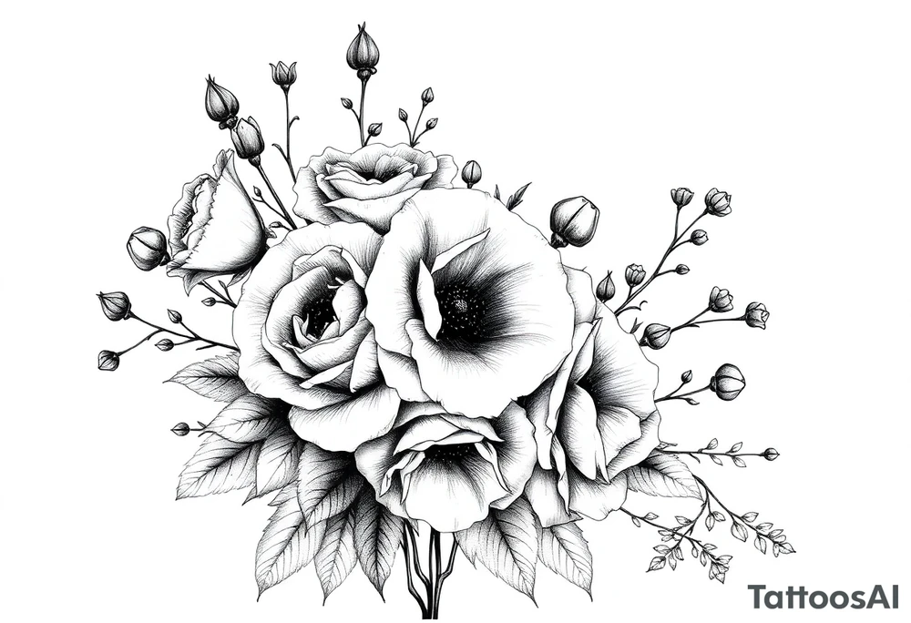 vintage bouquet of wild roses and meadow flowers with morning dew tattoo idea