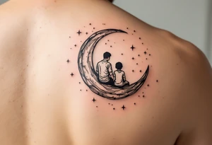 A minimalist black outline of a parent and son sitting on a crescent moon, surrounded by faint yellow stars tattoo idea