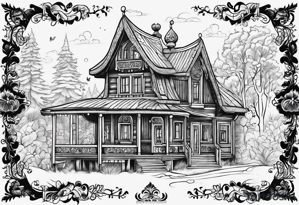 Russian folklore house on chicken legs tattoo idea