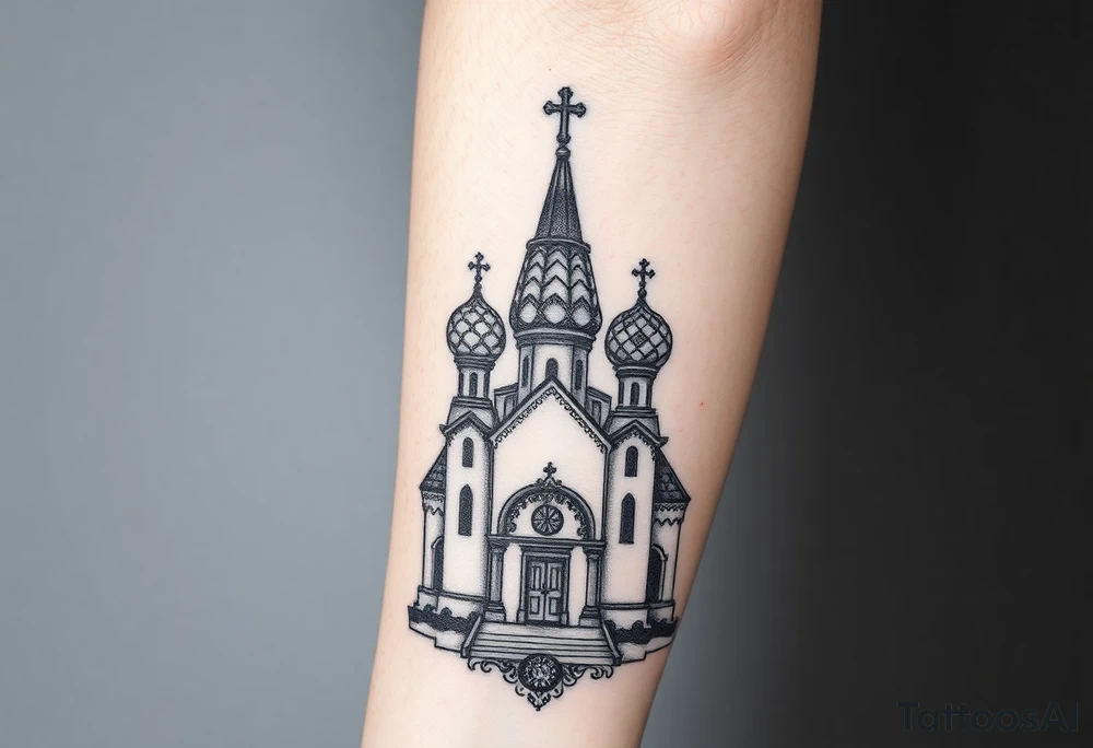 in a dorsal view a detailed medium sized country style russian orthodox church with onion domes and a band at the front with mist shrouding the top and fading into a virgin mary overlooking above at the top tattoo idea