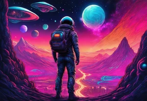 Full Back, synthwave, colossal Alien entities and space stuff, small human on The foreground in awe of The sheer scale of The infinite universe tattoo idea