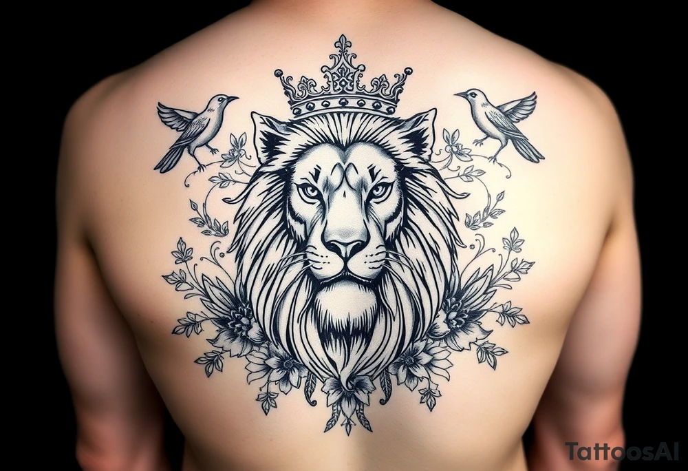 powerful majestic lion with a crown, surrounded by floral ornaments and birds tattoo idea