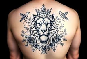 powerful majestic lion with a crown, surrounded by floral ornaments and birds tattoo idea