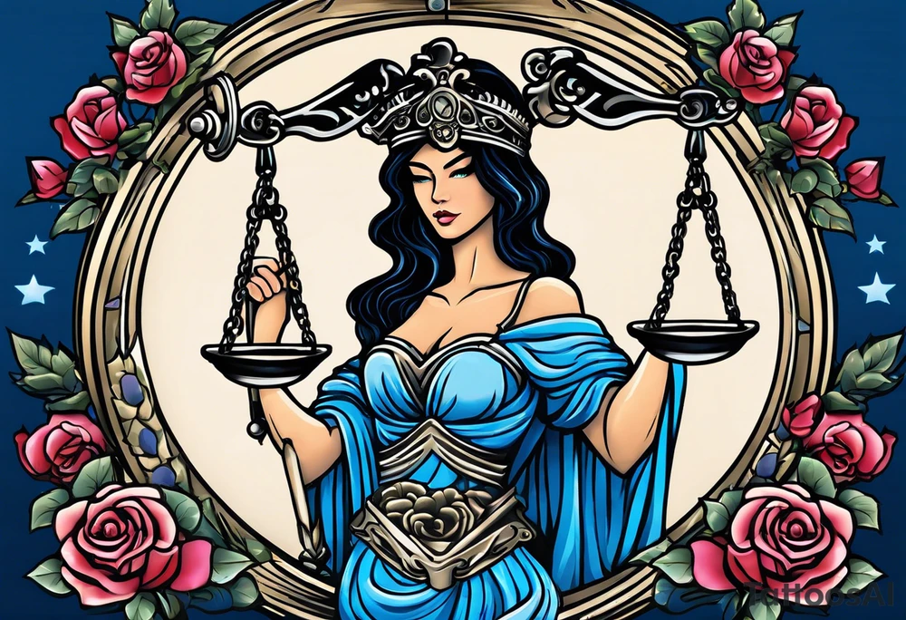 Lady Justice, 
Blindfold:
Scales: 
 Lady Justice is shown with black hair, which is a unique artistic choice compared to the more traditional representations. The scales, blindfold, and sword are all present, adhering to the classic iconography but with a modern and colorful twist. blue roses frames, background blue,present it in a tattoo tattoo idea