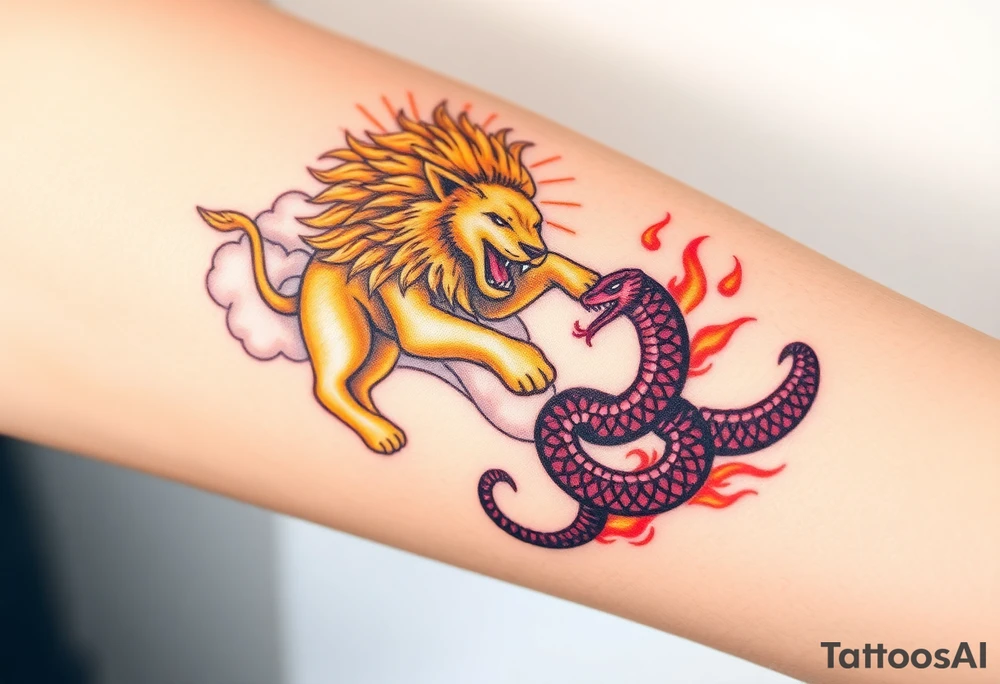 A heavenly lion, golden and majestic, surrounded by clouds and soft light, fighting against a hellish serpent, its body coiled with dark red and black scales, surrounded by flames and smoke, symbolizing an eternal struggle between good and evil forces. tattoo idea