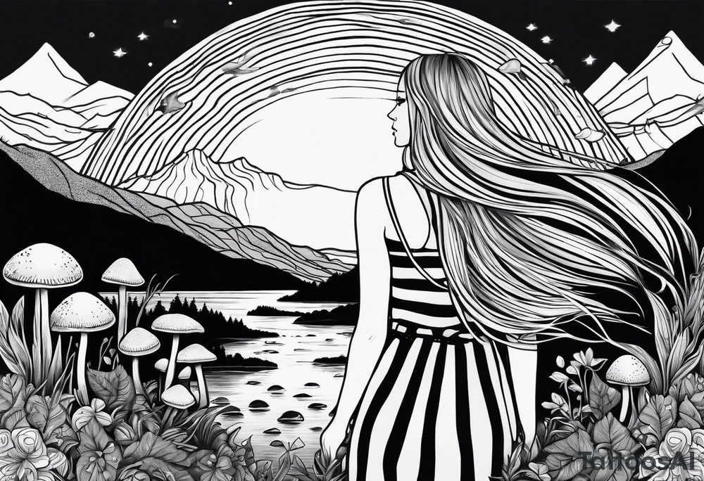 Straight long blonde hair hippie girl in distance holding mushrooms in hand facing away toward mountains and creek surrounded by mushrooms black and white striped dress tattoo idea