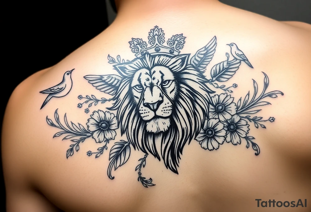 powerful majestic lion with a crown, surrounded by floral ornaments and birds tattoo idea