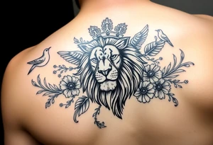 powerful majestic lion with a crown, surrounded by floral ornaments and birds tattoo idea