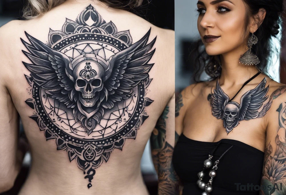 black kali, goddess pirate, alien, angel, pachamama, valkrye, warrior, flying, skull, lotus azul, wing, eagle, zenza resonance, stars, 5D, anahata chakra, death, durga, riding on a tiger, flying lady, kundalini, chest tatoo, rebel tattoo idea