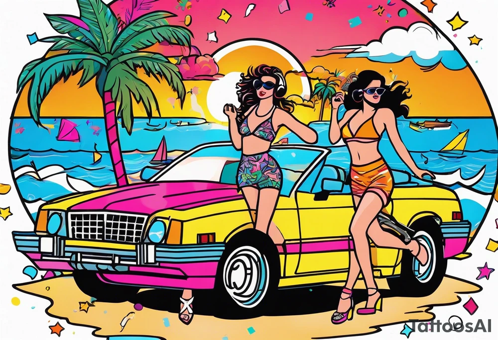 1980's miami vice style beach dance 
party, include confetti, music notes, boom box, bikinis sunset in the center tattoo idea