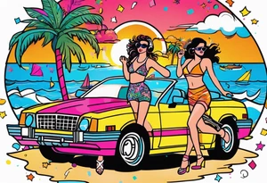 1980's miami vice style beach dance 
party, include confetti, music notes, boom box, bikinis sunset in the center tattoo idea