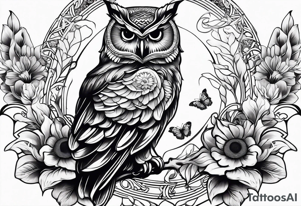 Sleeve with an owl, sunflower and butterfly tattoo idea