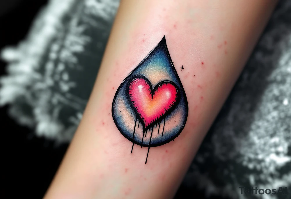 A simple, sketched heart inside a small teardrop, with soft shading and small accent lines of red and pink to give the heart a tender, emotional feel. The teardrop itself can be shaded lightly in gray, creating a subtle yet impactful design of love and sorrow. tattoo idea
