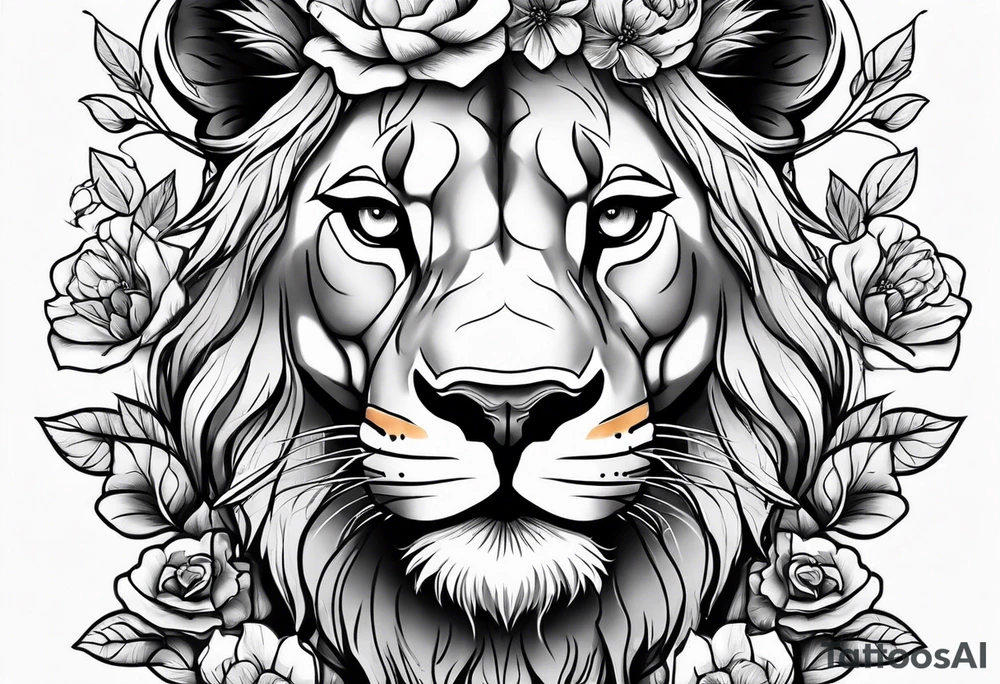 Lioness head with flowers tattoo idea
