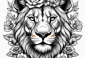 Lioness head with flowers tattoo idea