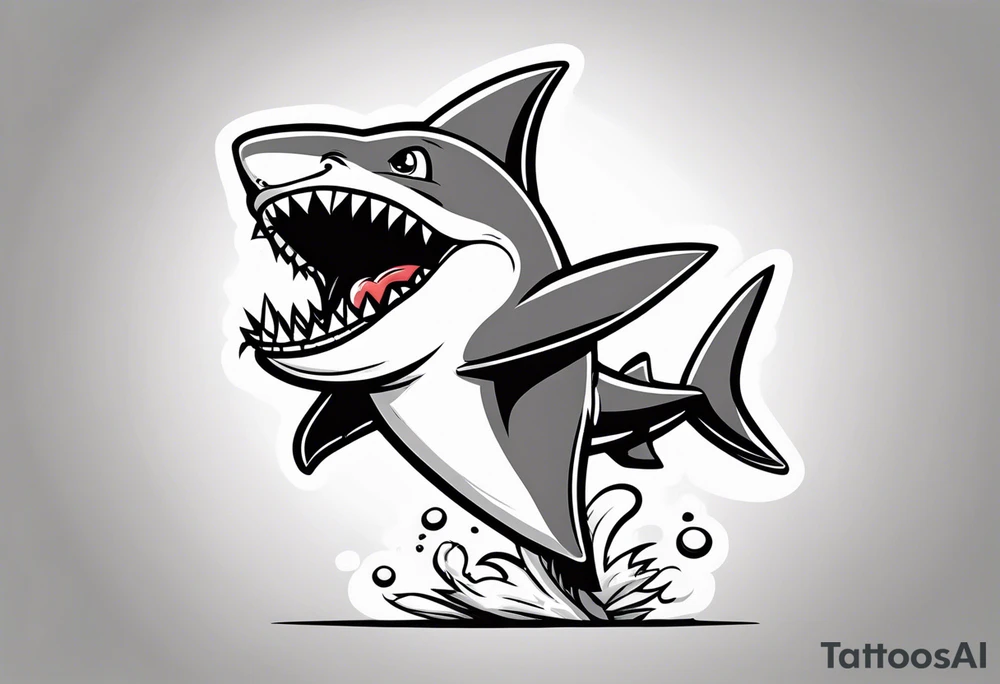 Black and grey cartoon shark standing up with chicken legs instead of a tail tattoo idea