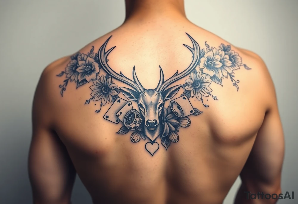 Casino theme with deer cards, dice poker, chips, and flowers and swirls in the background for a sleeve half sleeve tattoo idea