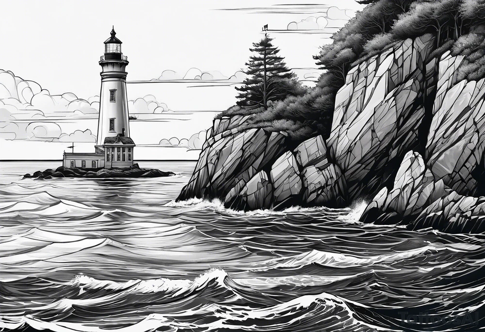 maritime lighthouse partially hidden by its large fixed sail. calm sea reflection. tattoo idea
