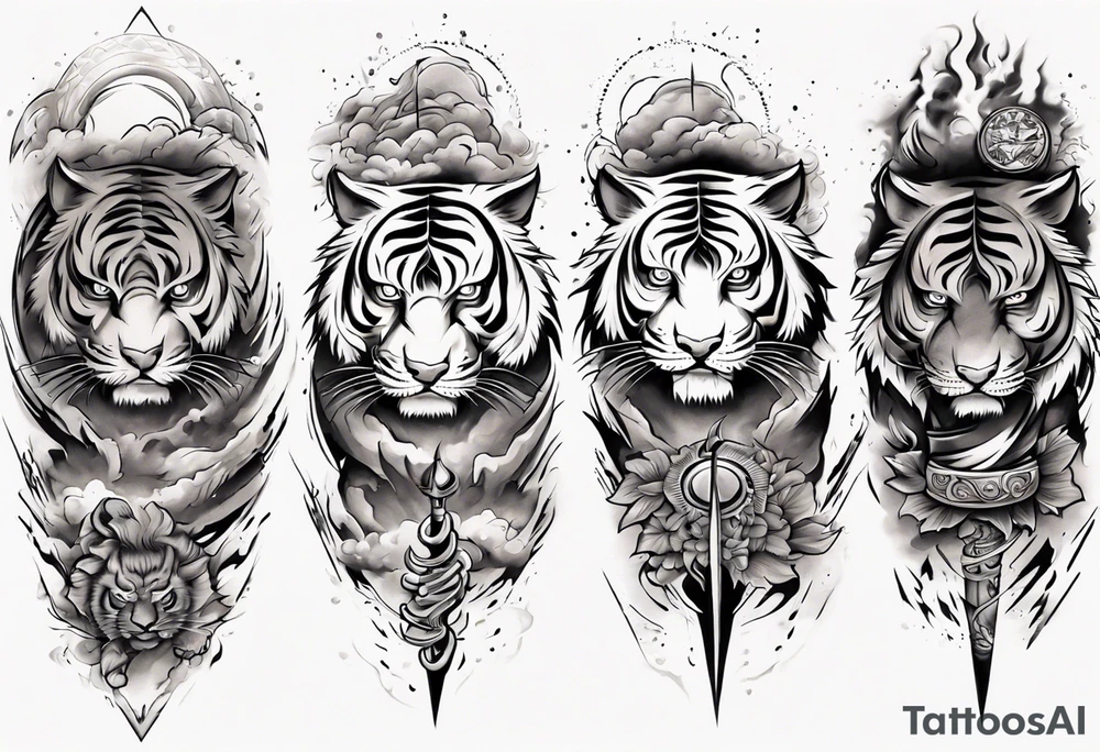 Tiger Warrior sleeve tattoo with lightning and the sun
Forearm sleeve tattoo idea