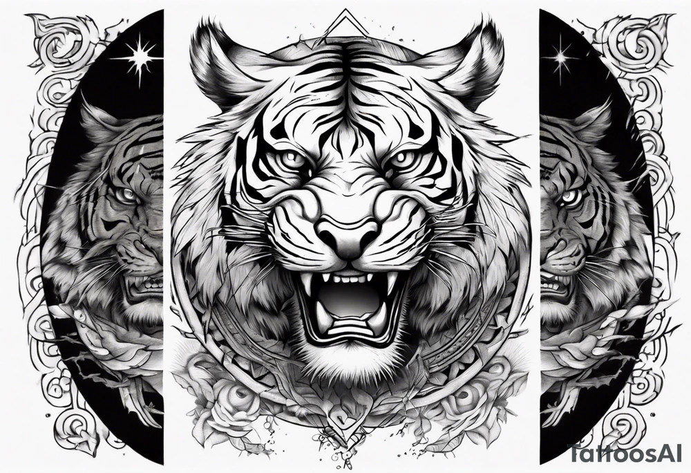 Ancient tiger with lightning and a sun for a forearm sleeve. With patterns surrounding it tattoo idea