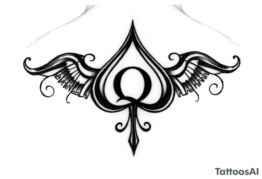 A spade womb tattoo with a Q in the center, with three points around the outside. The first reading, "BLACK". The second reading, "BABY". The third reading, "ONLY". tattoo idea