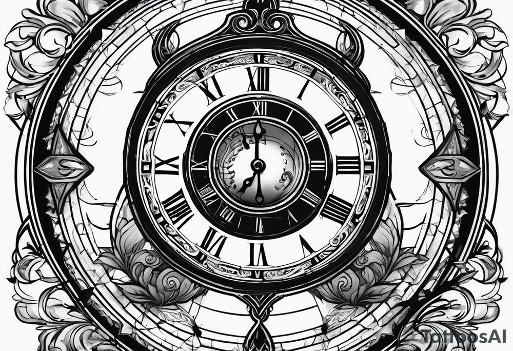 Draw me a tattoo located on the shoulder and upper arm of a man. The tattoo represents a clock in an hourglass with Roman numerals in the background. It is a symbol of the passing of time. tattoo idea