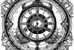 Draw me a tattoo located on the shoulder and upper arm of a man. The tattoo represents a clock in an hourglass with Roman numerals in the background. It is a symbol of the passing of time. tattoo idea