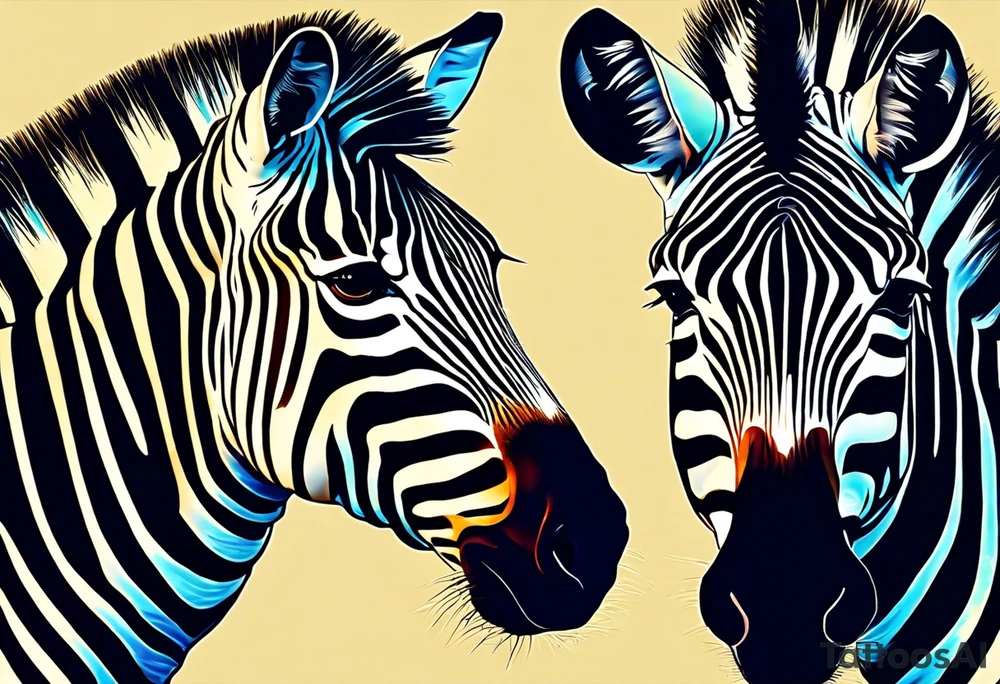 Portrait of a zebra wearing regal clothing, vintage looking, but its main is coloured brightly the same as autism awareness. I want the zebra too almost look human and to be bursting out of a jigsaw piece tattoo idea