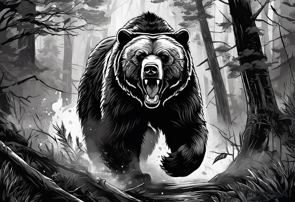 Bear growling face first in a cloudy forest. With fierce warriors in the background. Make the picture very detailed and smoke in the back creating a trail effect tattoo idea