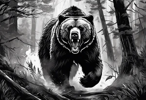 Bear growling face first in a cloudy forest. With fierce warriors in the background. Make the picture very detailed and smoke in the back creating a trail effect tattoo idea