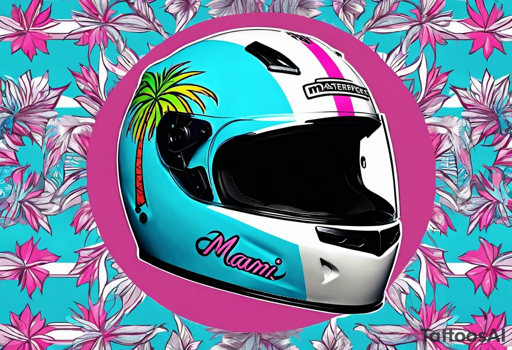 Formula 1 Helment with the Miami name a palm tree and pink and light blue colors tattoo idea