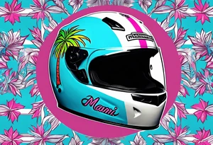 Formula 1 Helment with the Miami name a palm tree and pink and light blue colors tattoo idea