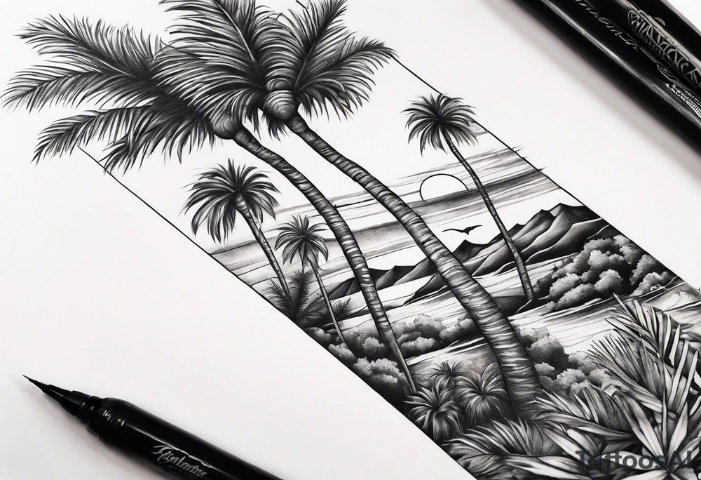 Juniper and palm tree sleeve. tattoo idea