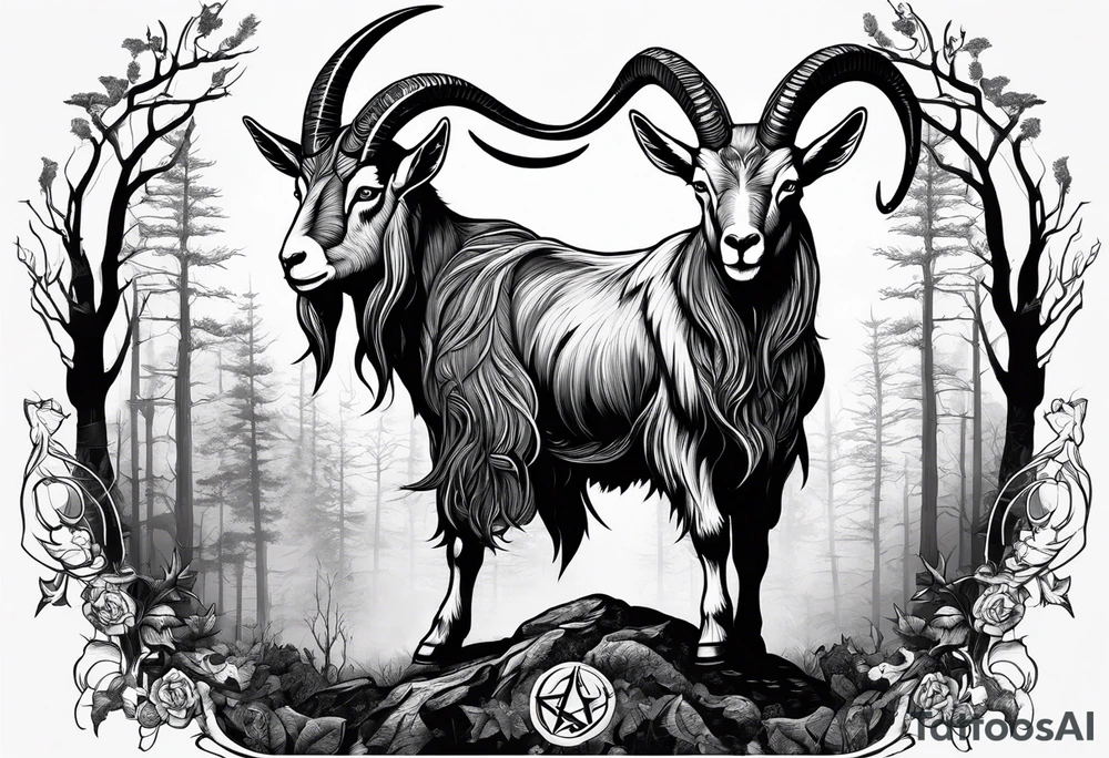 Satanic goat with horns (full body) in a forest with a pentagram in it’s forehead tattoo idea
