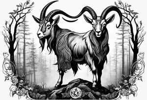 Satanic goat with horns  (full body) in a forest with a pentagram in it’s forehead tattoo idea