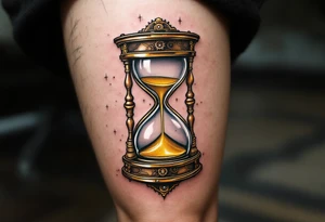 A steampunk-style hourglass with bronze cogs, containing golden sand that flows upwards, defying gravity. tattoo idea