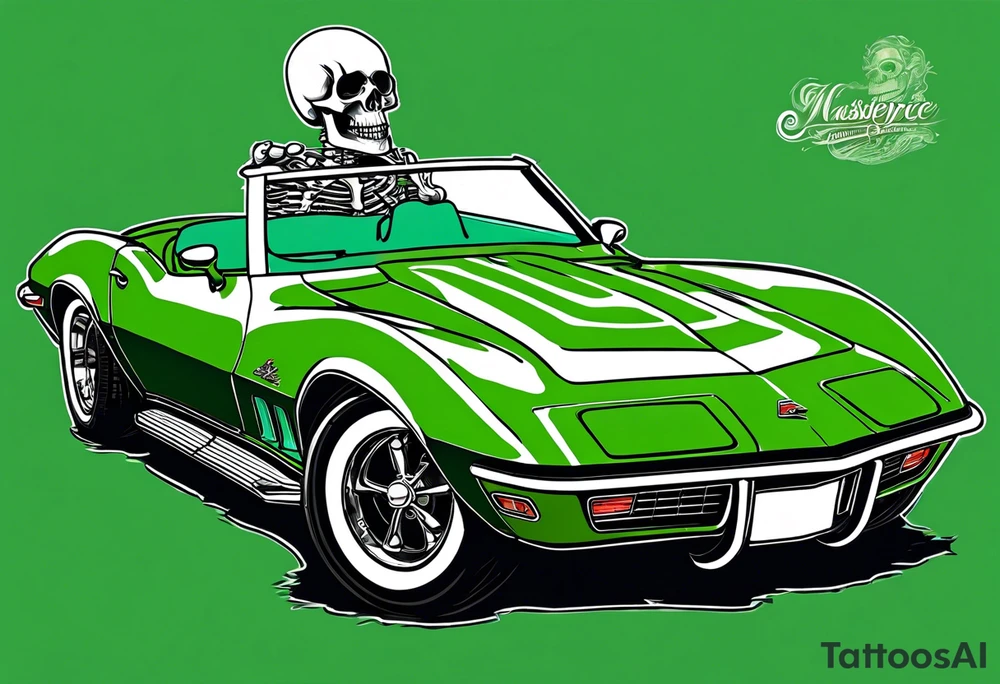 Skeleton smoking a cigarette driving a green 1976 convertible Corvette tattoo idea