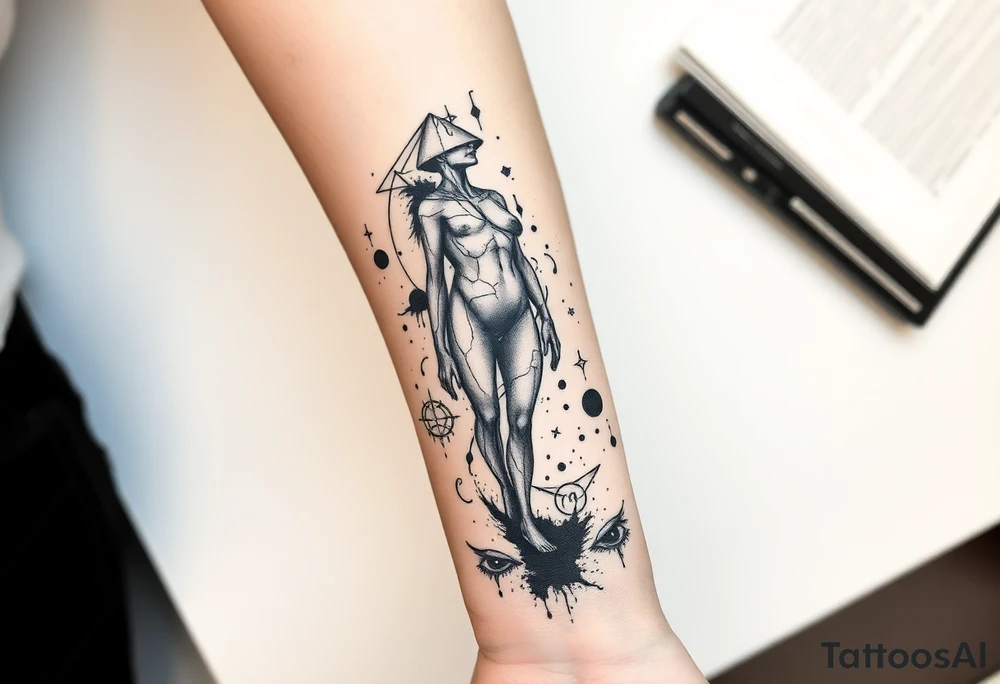 Vertical forearm tattoo design, tall and narrow composition fitting the shape of the forearm, dark surrealism and mythological symbolism. Statue-like fragmented humanoid figure with broken marble texture, distorted or incomplete anatomy, partially dissolving into black ink splashes, smoke, and thin geometric lines. Surrounded by sacred geometry circles, occult and alchemical symbols, surreal dripping eyes, and abstract fragments. Fine line tattoo style mixed with etching and engraving texture, high contrast, clean outlines, minimal background. Designed for forearm placement and easy extension into a full sleeve. No bodybuilding aesthetic, no fitness-style anatomy — focus on surreal atmosphere, mysterious symbolism, and artistic detail. tattoo idea