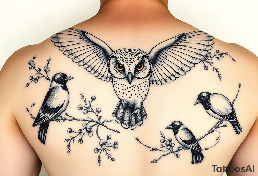 A british barn owl and 2 magpies, entwined by rowan tree branches, berries and florals. In fineline and dotwork. The owl should be in flight tattoo idea
