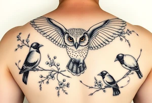 A british barn owl and 2 magpies, entwined by rowan tree branches, berries and florals. In fineline and dotwork. The owl should be in flight tattoo idea
