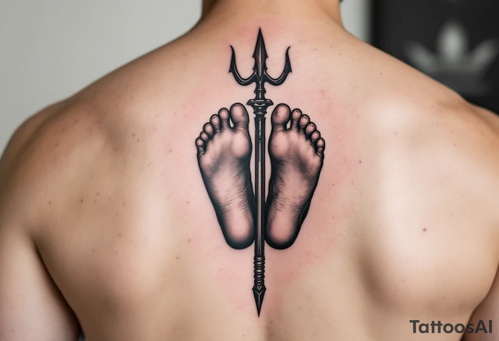 barefeet behind trident tattoo idea
