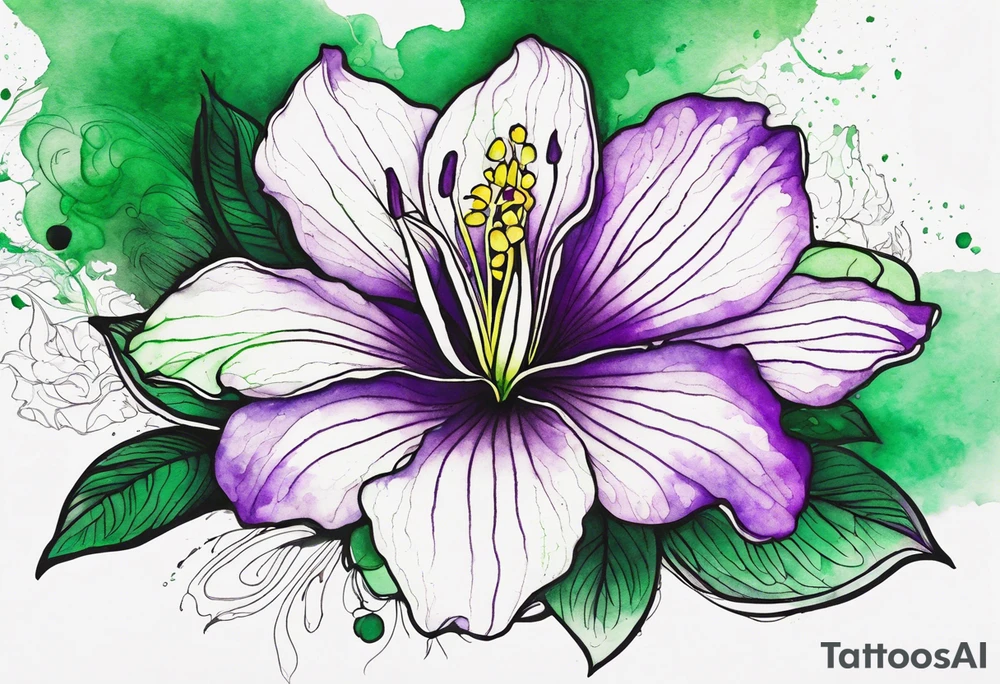 A mystical outline of a rio dipladenia flower with green/purple pedals and a green/purple watercolor splash in the background tattoo idea