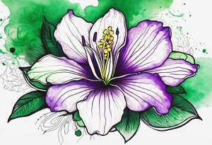 A mystical outline of a rio dipladenia flower with green/purple pedals and a green/purple watercolor splash in the background tattoo idea